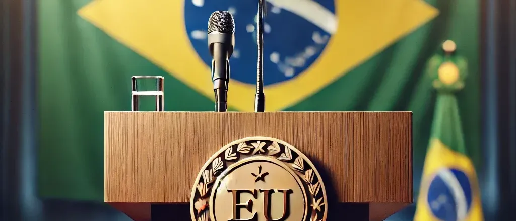 DALL E 2025 10 30 15 24 18 A close up view of a simple press conference podium with the Brazilian flag in the background The wooden podium is clean and has no text or letters