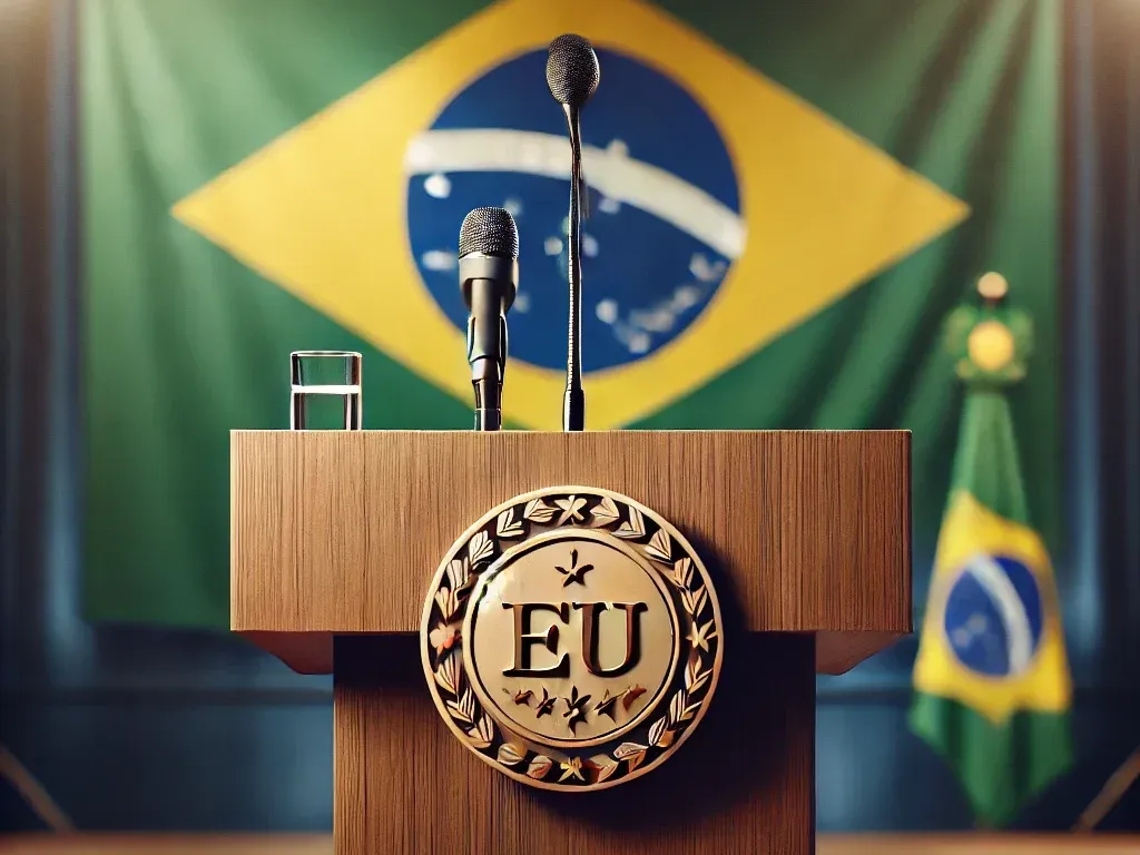 DALL E 2025 10 30 15 24 18 A close up view of a simple press conference podium with the Brazilian flag in the background The wooden podium is clean and has no text or letters