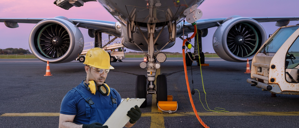 Person standing close to a jet engine with a clipboard